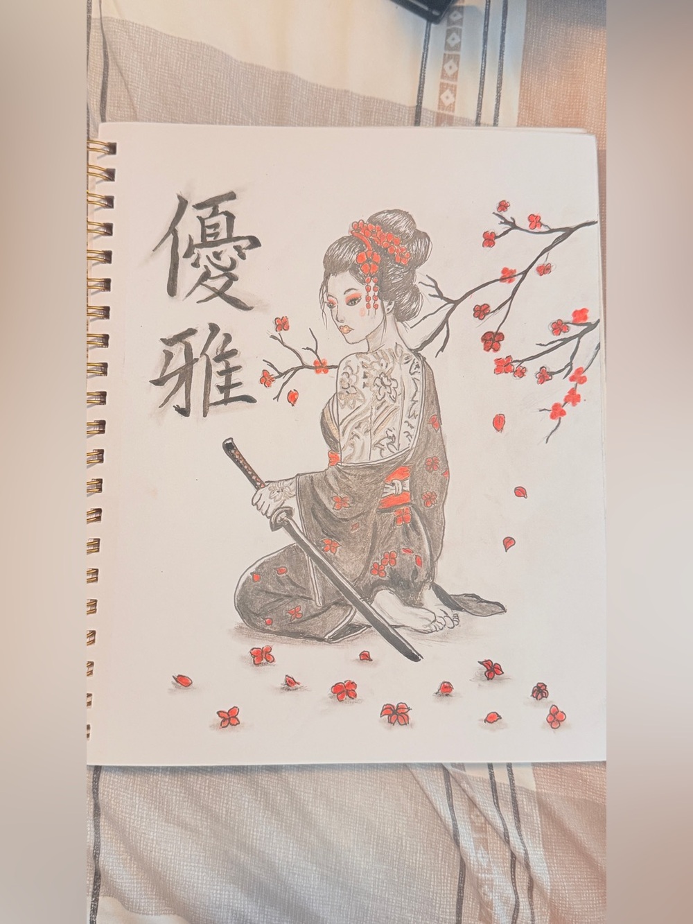 Hand-Drawn Geisha Illustration Art Print in Black & Red 9x12 will ship framed